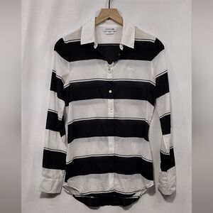 Lacoste Silk Cotton Stripped Button Shirt Womens XS White Black Casual Retro